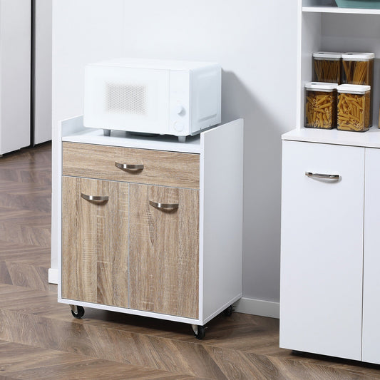 Kitchen Trolley Road for microwave with drawer, locker and 4 wheels, in wood, 60x40x77cm - white/oak