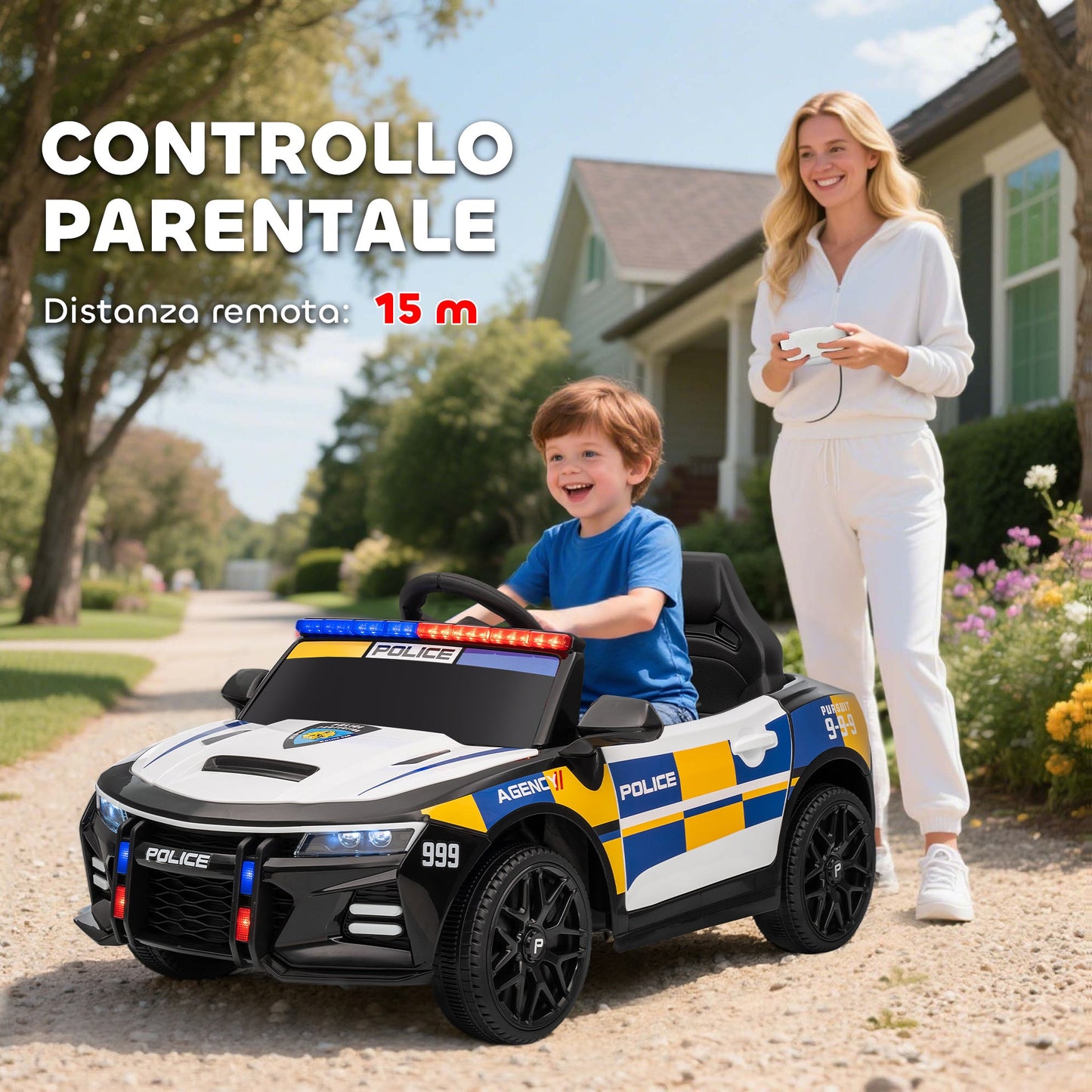 Electric Police Car for Kids with Remote Control, Horn and Built-in Music, 96x60x45 cm