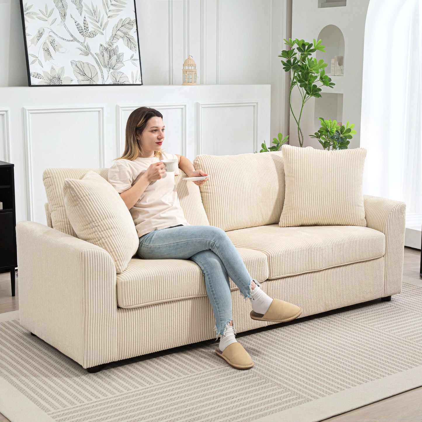 3 Seater Corduroy Sofa with Pocket Sprung and 2 Cushions, 212x80x88 cm, Cream White