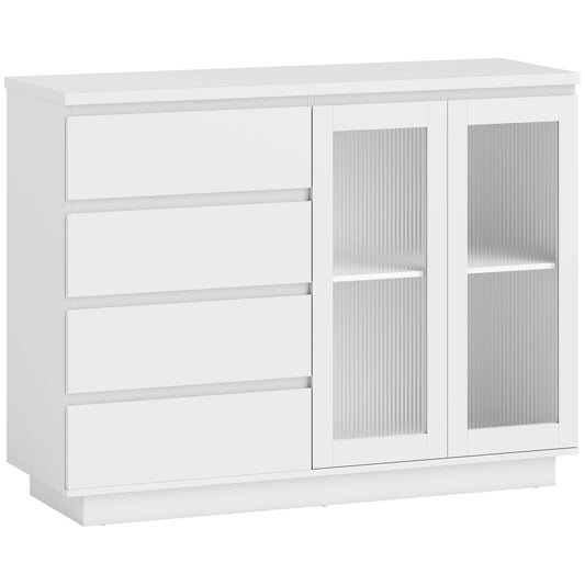 Wooden Buffet Sideboard with 4 Drawers and Cabinet with Glass Doors and Adjustable Shelves, 120x40x91 cm, White
