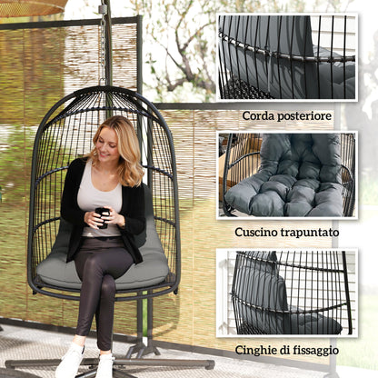 Indoor Outdoor Folding Swing Hanging Chair with Cushion and Headrest, Dark Grey