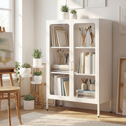 Steel Document Cabinet with 2 Glass Doors and Adjustable Shelves, 80x40x110 cm, White