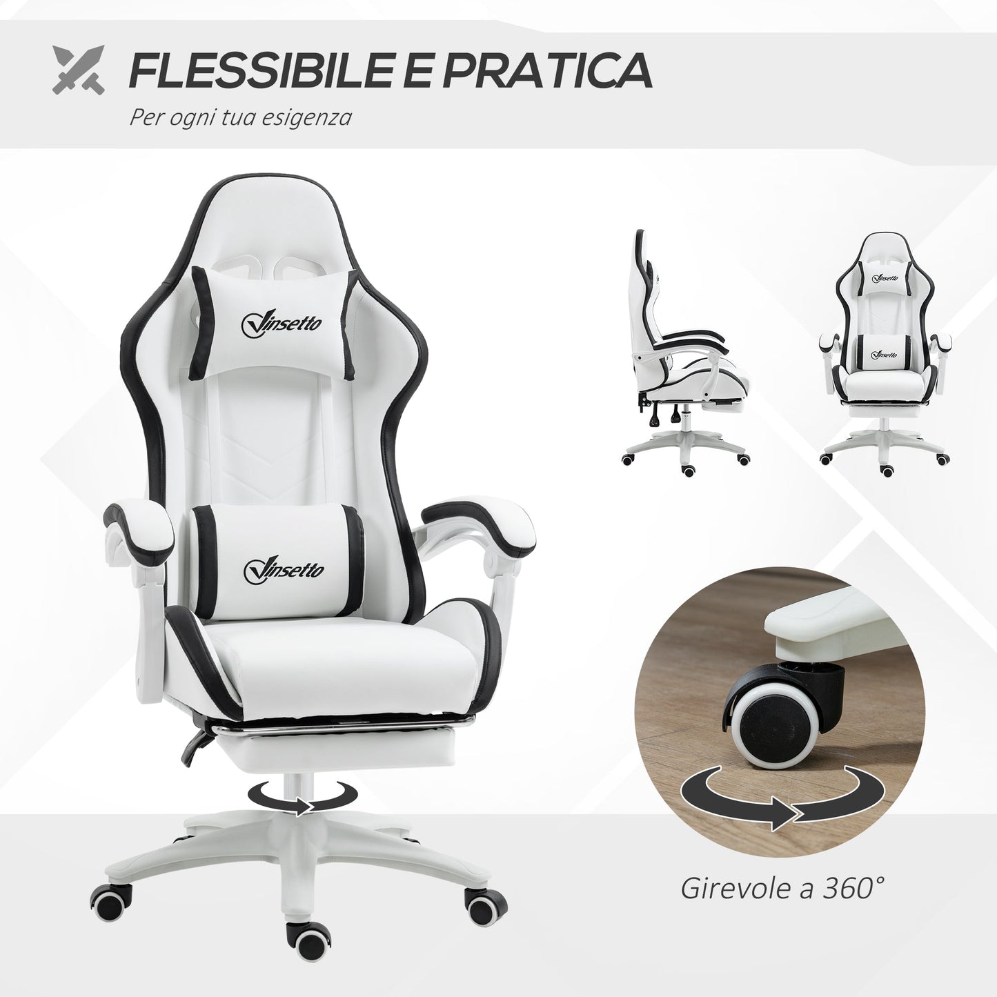 Gaming Chair with Adjustable Height and Reclining Backrest, 65x65x121-129 cm, Black and White