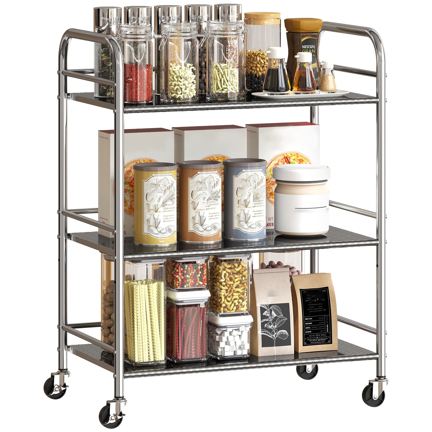 4-Tier Utility Cart with Adjustable Center Shelf and Raised Edges, Stainless Steel, 60x35x77 cm