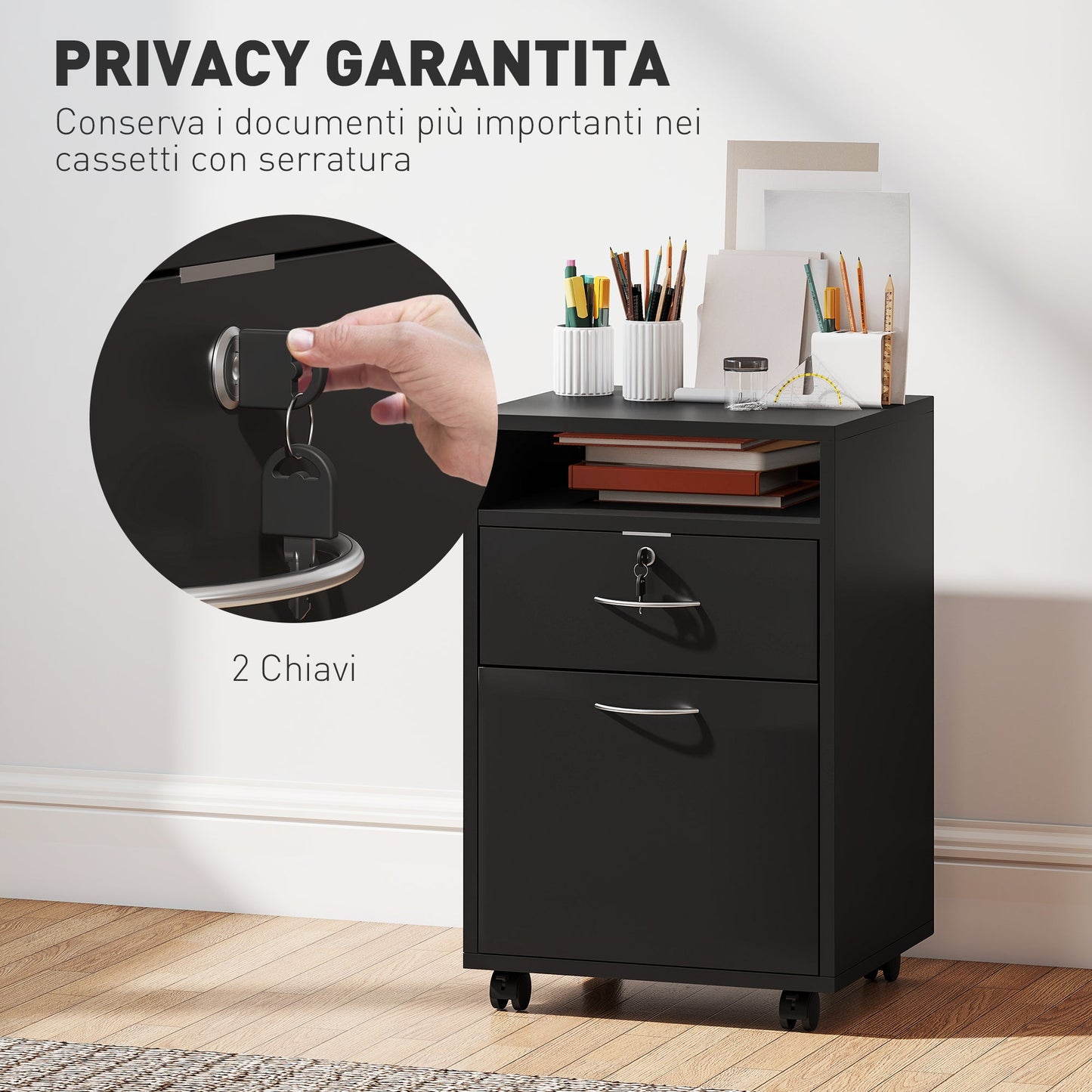 Wooden Office Cabinet with Open Shelf, Lockable Drawer and Storage Cabinet, 40x35x60 cm, Black