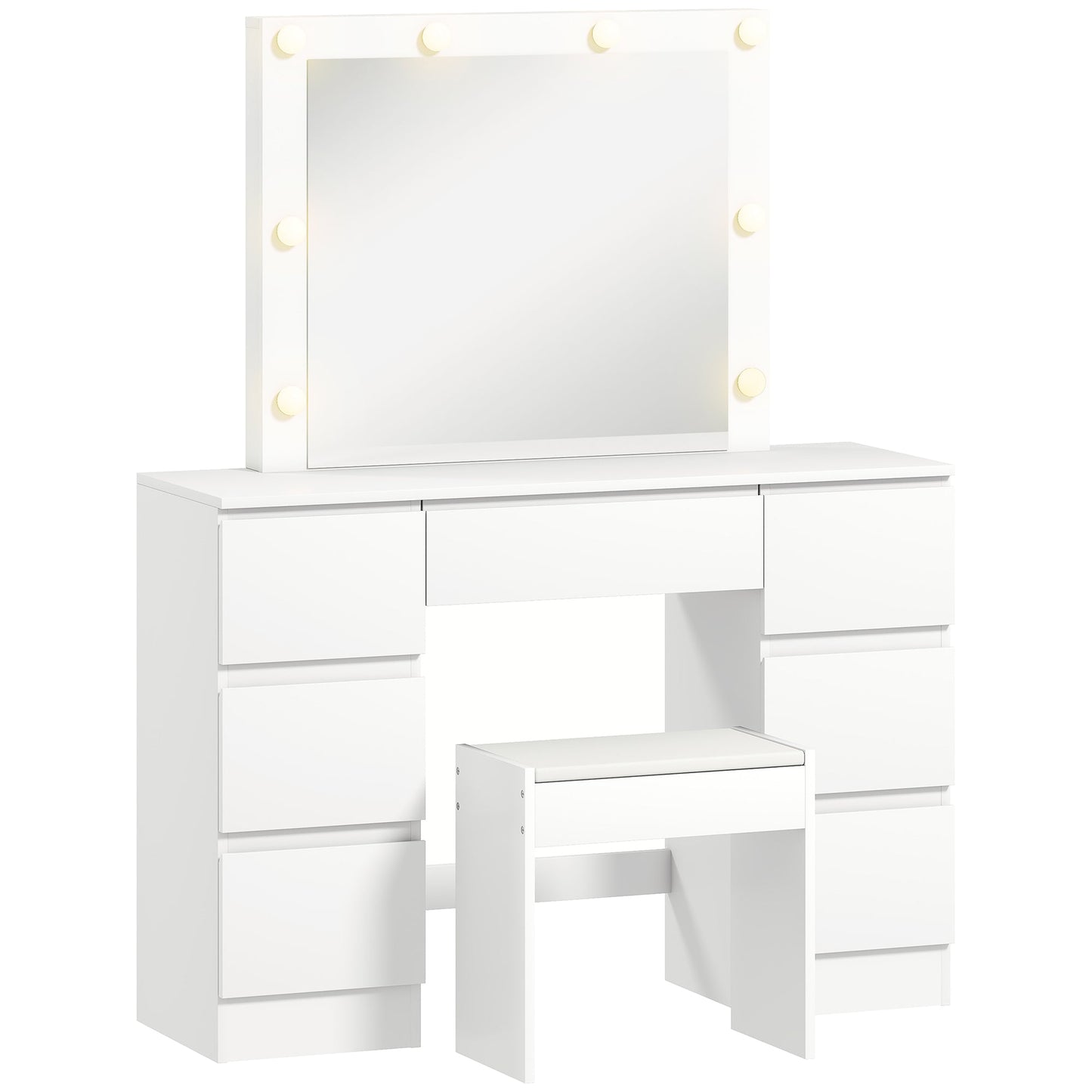 Hollywood-Style Makeup Table with Mirror, 8 LED Lights, 7 Drawers and Padded Stool, White