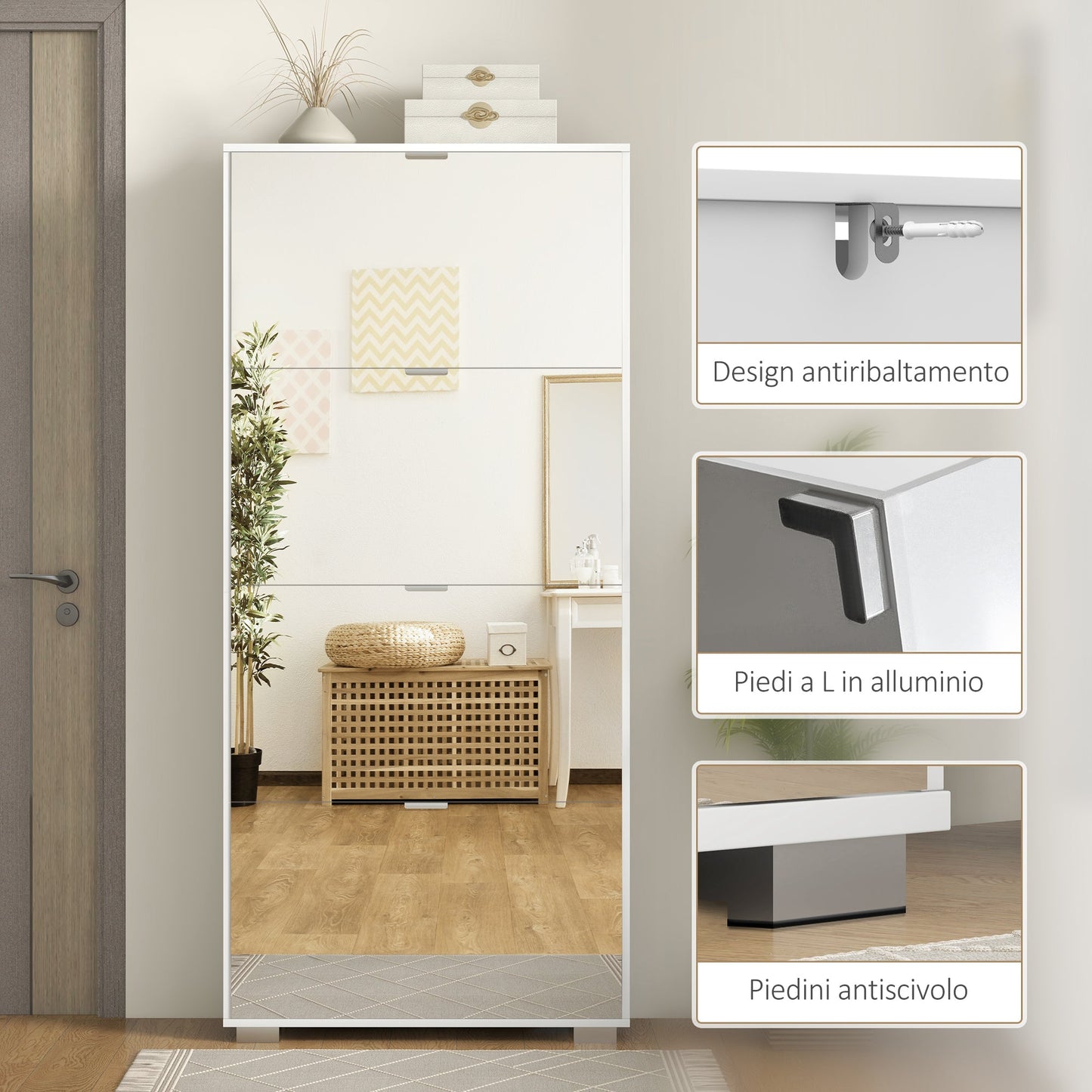 Space-Saving Slim Shoe Rack with Mirror and 4 Drawers for 24 Pairs of Shoes, 76x26x178cm, White