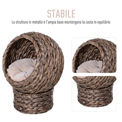 Raised Cat Bed with Cushion, Natural Banana Leaf House, Beige and Brown, 42x33x52cm
