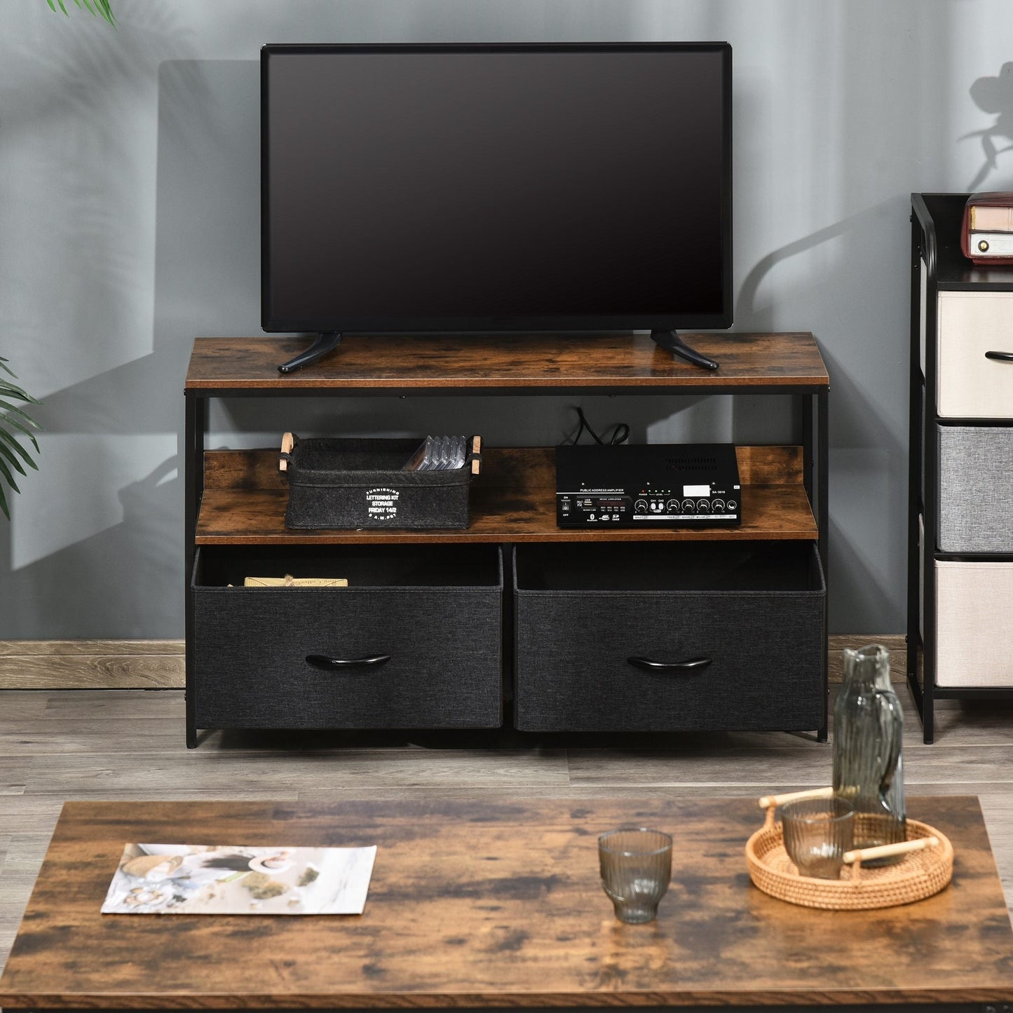 47" TV Stand with Folding Fabric Drawers and Shelf, Metal and MDF TV Cabinet, 98x29x56cm, Rustic Brown