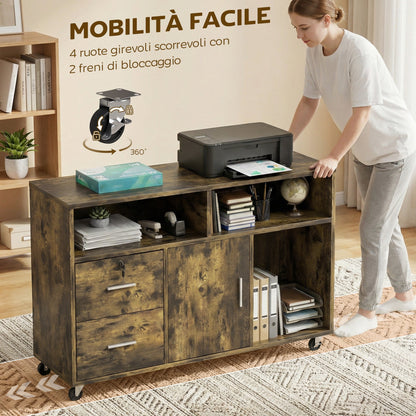 Wooden Printer Stand with Wheels, 2 Drawers, 3 Shelves, and 2 Cabinets, 100x35x65 cm, Brown