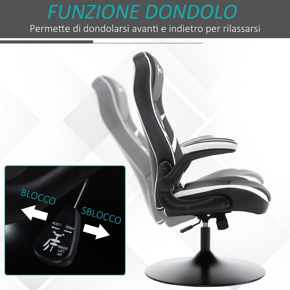 Ergonomic Office Gaming Chair, Adjustable Height, Fixed Base, Folding Armrests, Black and White