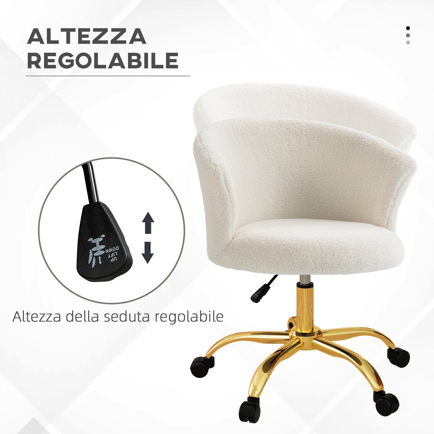 Height-Adjustable Office Chair with Swivel Seat and Teddy Velvet Upholstery, White and Gold