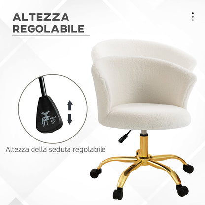 Height-Adjustable Office Chair with Swivel Seat and Teddy Velvet Upholstery, White and Gold