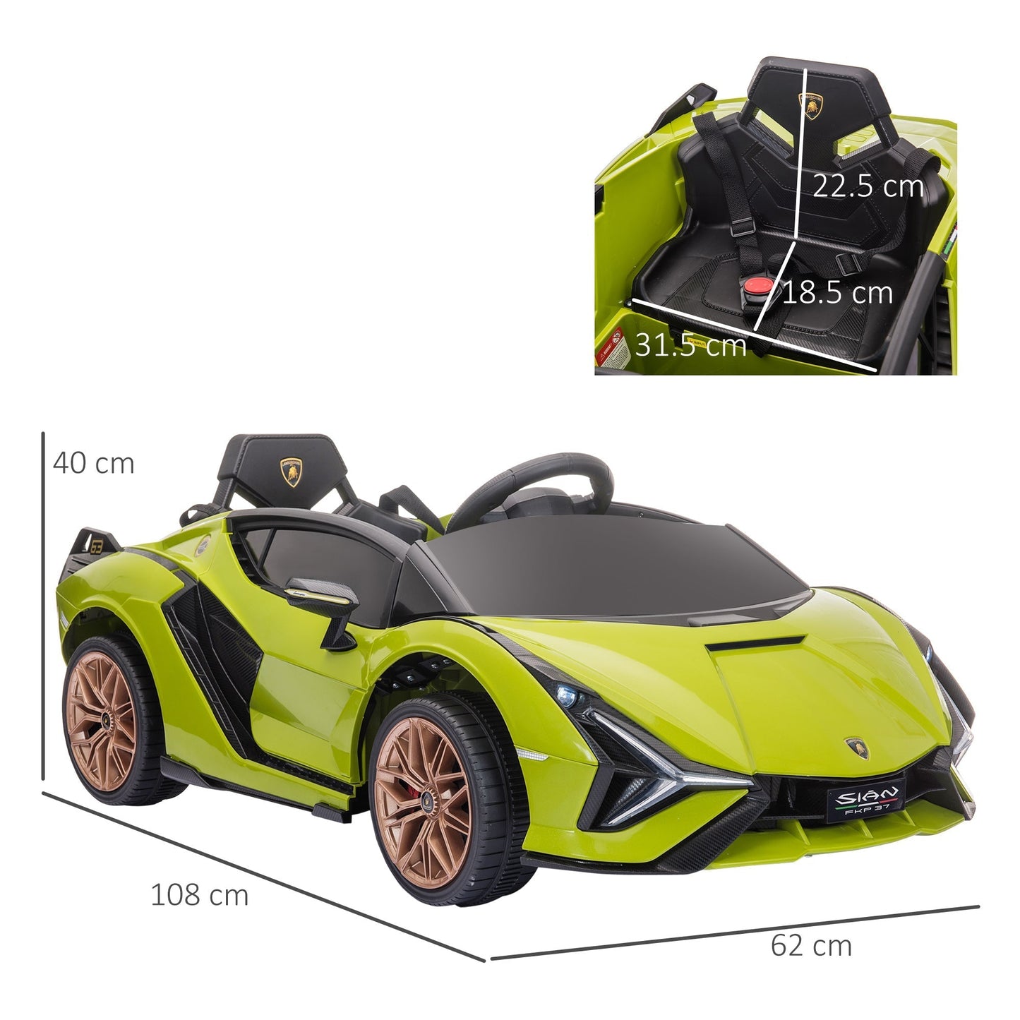 Lamborghini Electric Ride-On Toy Car for Kids, 12V with Headlights and Music, Remote Control and Speed 3-5km/h, Ages 3-5 Years, 108x62x40cm, Green
