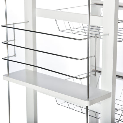 Space-Saving Kitchen Island Cart in Pine Wood, Food Cart with 4 Wheels, Drawer, 3 Pull-Out Baskets, Fruit Bowl, White