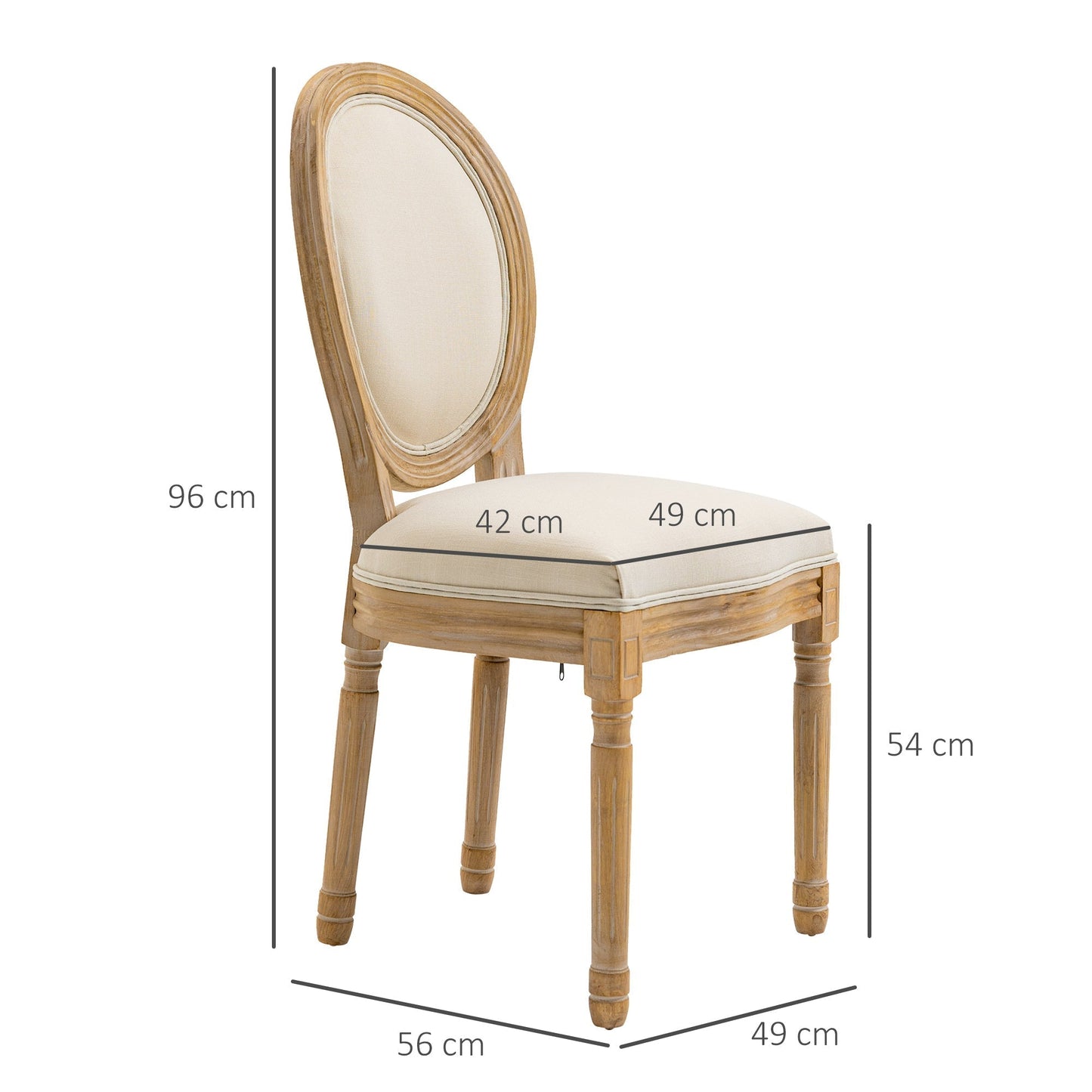 Set of 2 Padded Dining Chairs, Vintage Retro Style Living Room Chairs in Wood and Linen Effect Fabric Cream White 49x56x96cm