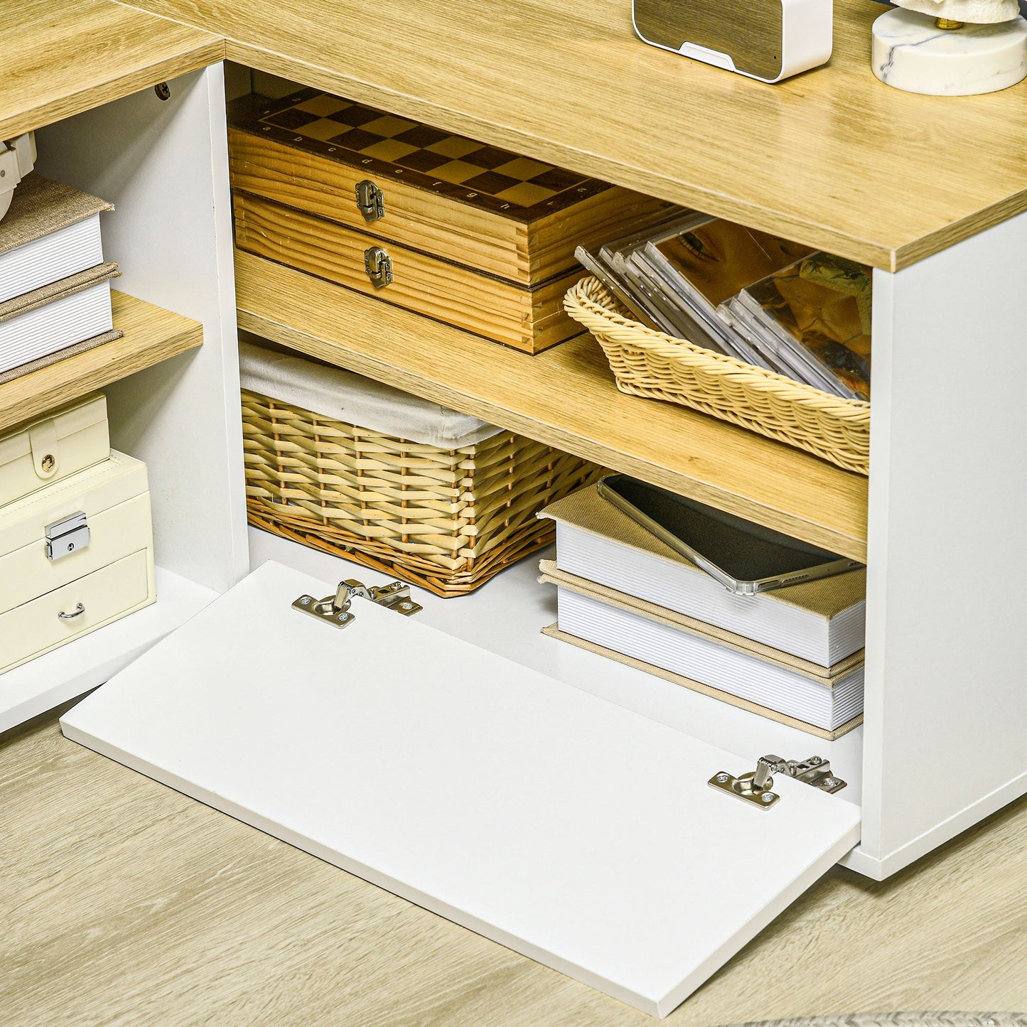 L-Shaped TV Cabinet for 40" TV with 3 Open Shelves and 2 Cabinets, Chipboard, 90x90x45 cm