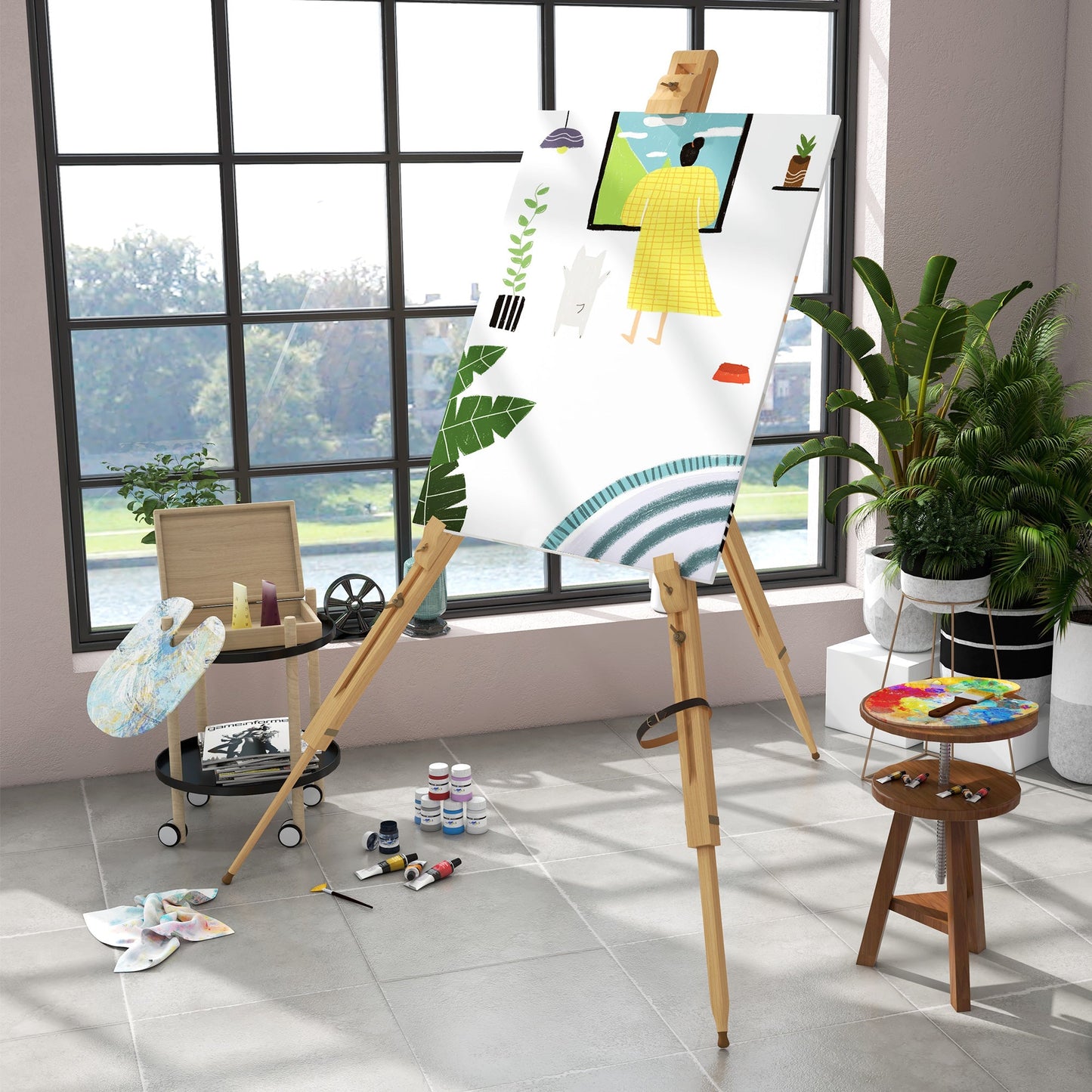 Space-Saving Beech Wood Painting Easel with Adjustable Height and Angle, 93x84x183 cm