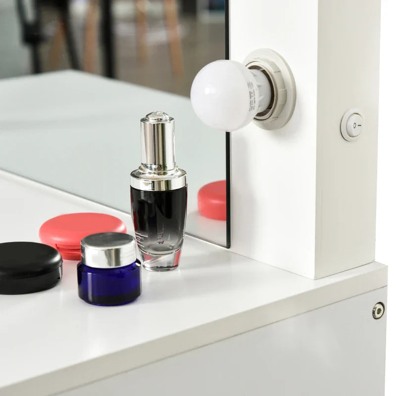 Hollywood Vanity Mirror with 12 LED Lights and White Wooden Stool