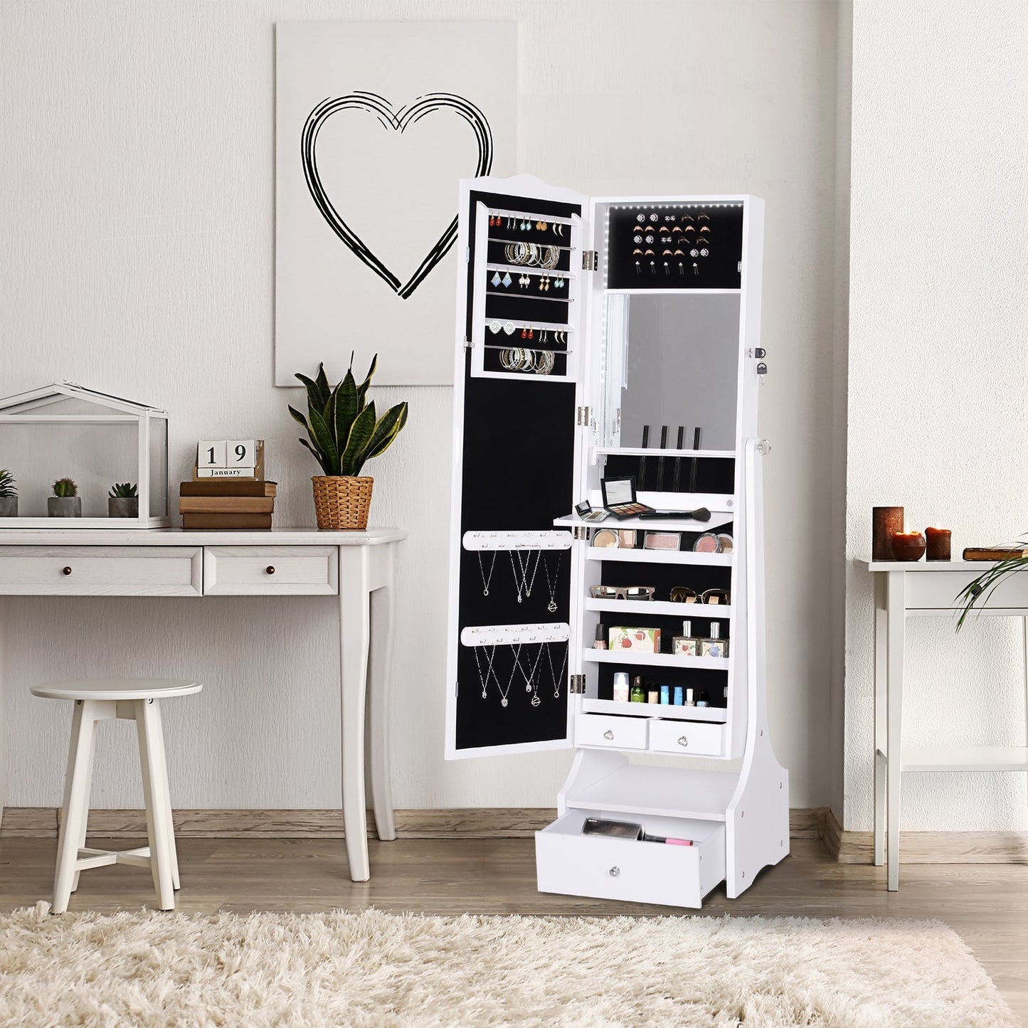 LED Jewellery Cabinet Mirrored Jewellery Armoire with Drawer Base Jewellery and Accessories Organiser 45x36x150cm