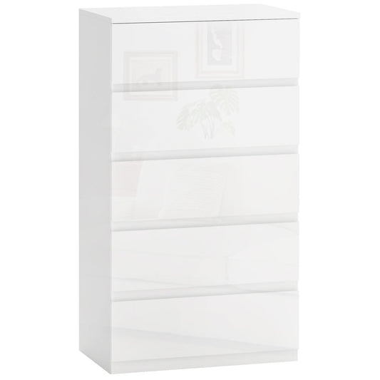 Modern 5-Drawer Anti-Tip Wooden Chest of Drawers, 55x33x100 cm, Glossy White