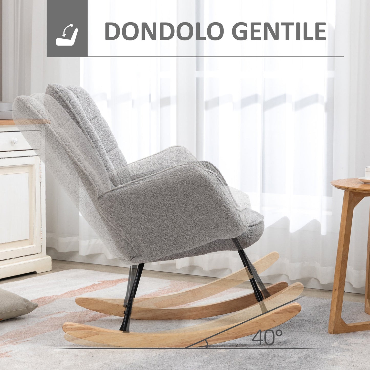 Upholstered Rocking Chair in Wood and Steel with Bouclé Upholstery, 71x98x101 cm, Grey