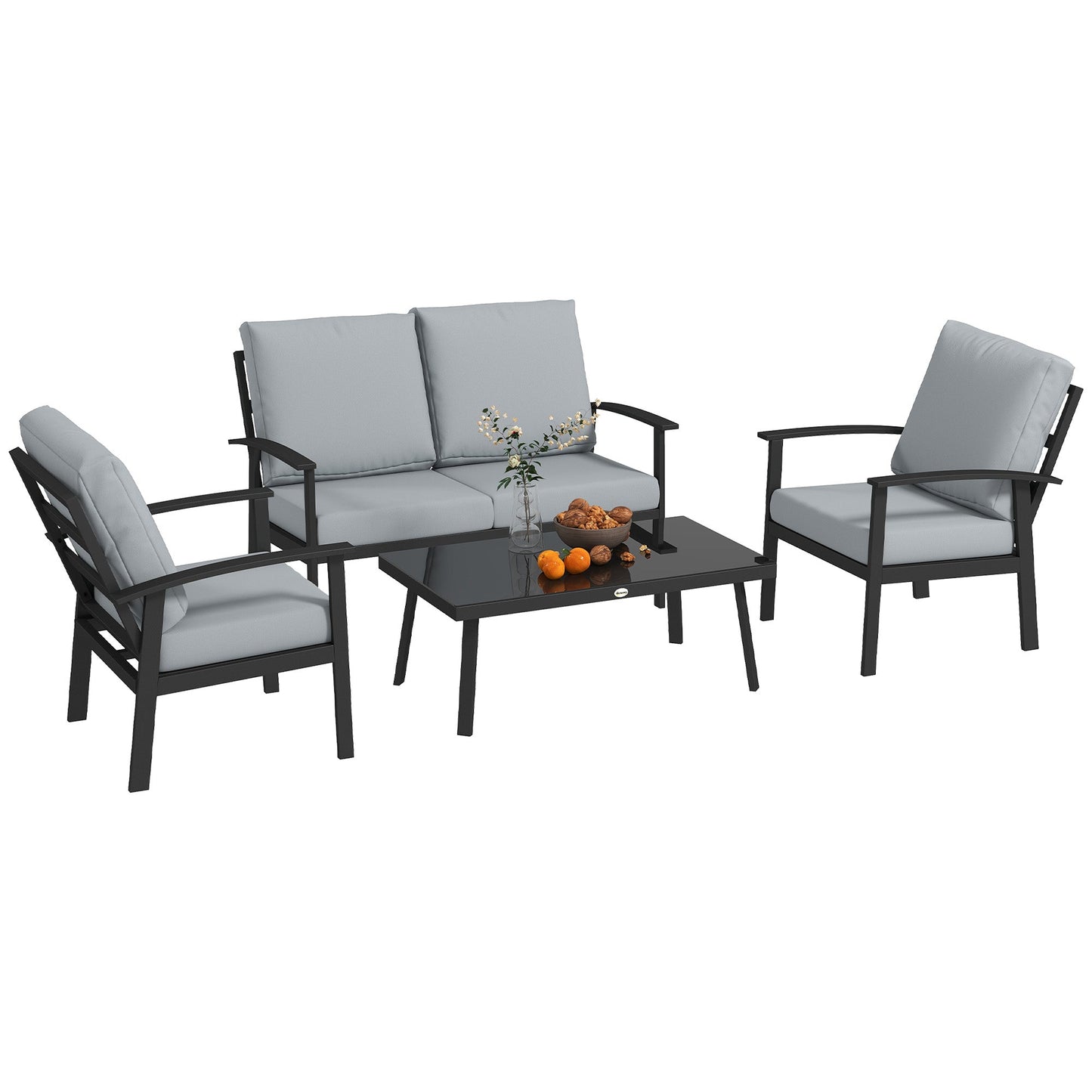 DULA | 4 Piece Garden Set with 2 Armchairs, 2 Seater Sofa and Coffee Table, in Aluminum and Fiber, Charcoal Gray