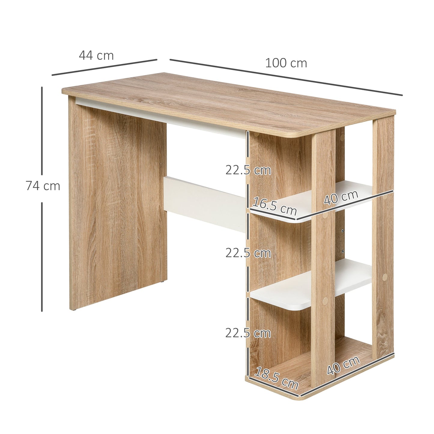 Modern Wooden Desk with 3-Tier Bookshelf, 100x44x74cm, White and Oak