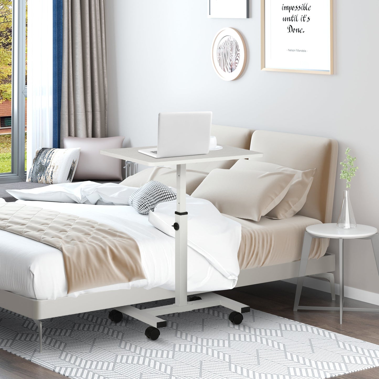 Laptop Table Height Adjustable with Wheels, 60x40x52.5-84cm, White