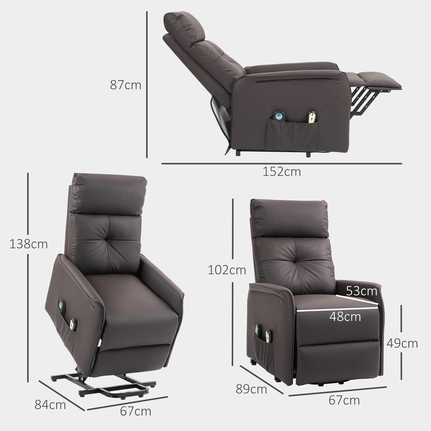 Lift and Recliner Relax Chair with 8 Massage Points and Heating, 2 Remote Controls, Brown