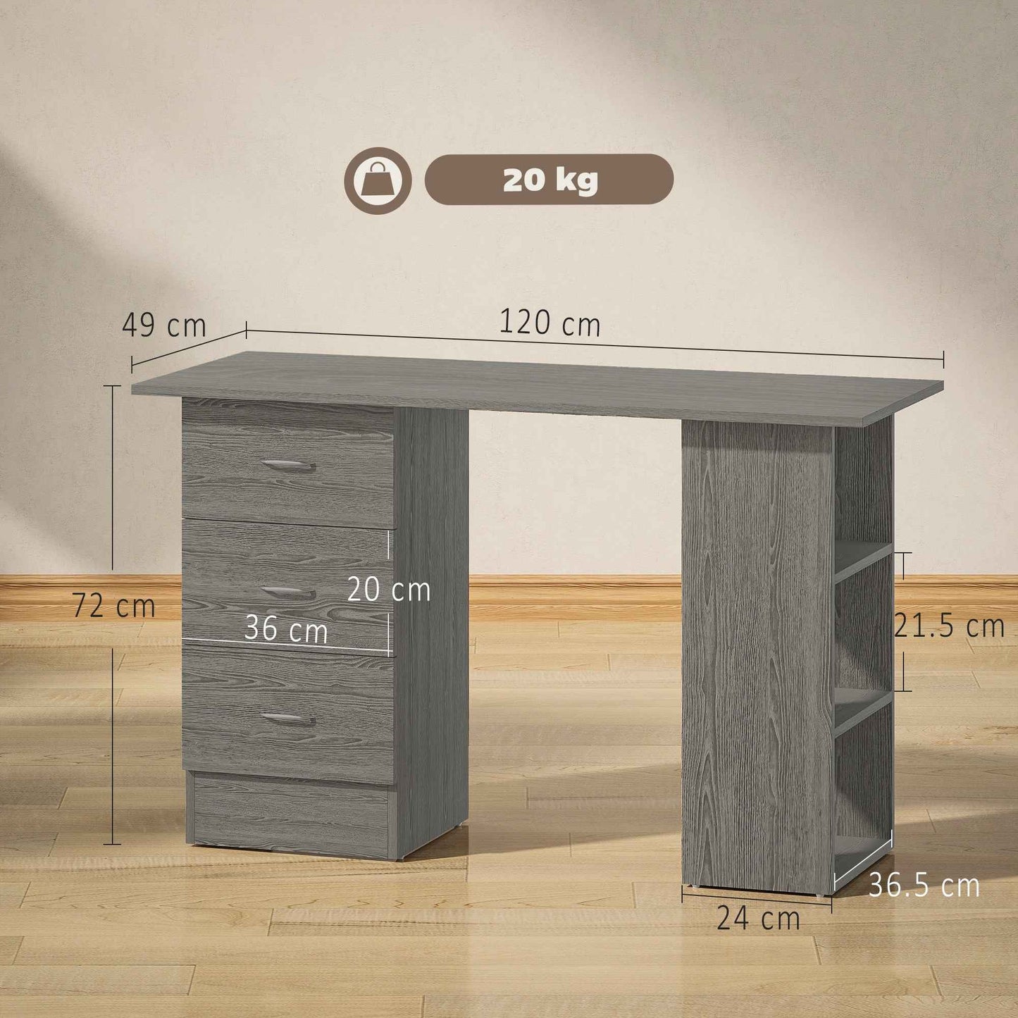 HOMCOM Modern Desk with 3 Drawers and 3 Shelves for Bedroom and Office, Wooden, 120x49x72 cm, Grey