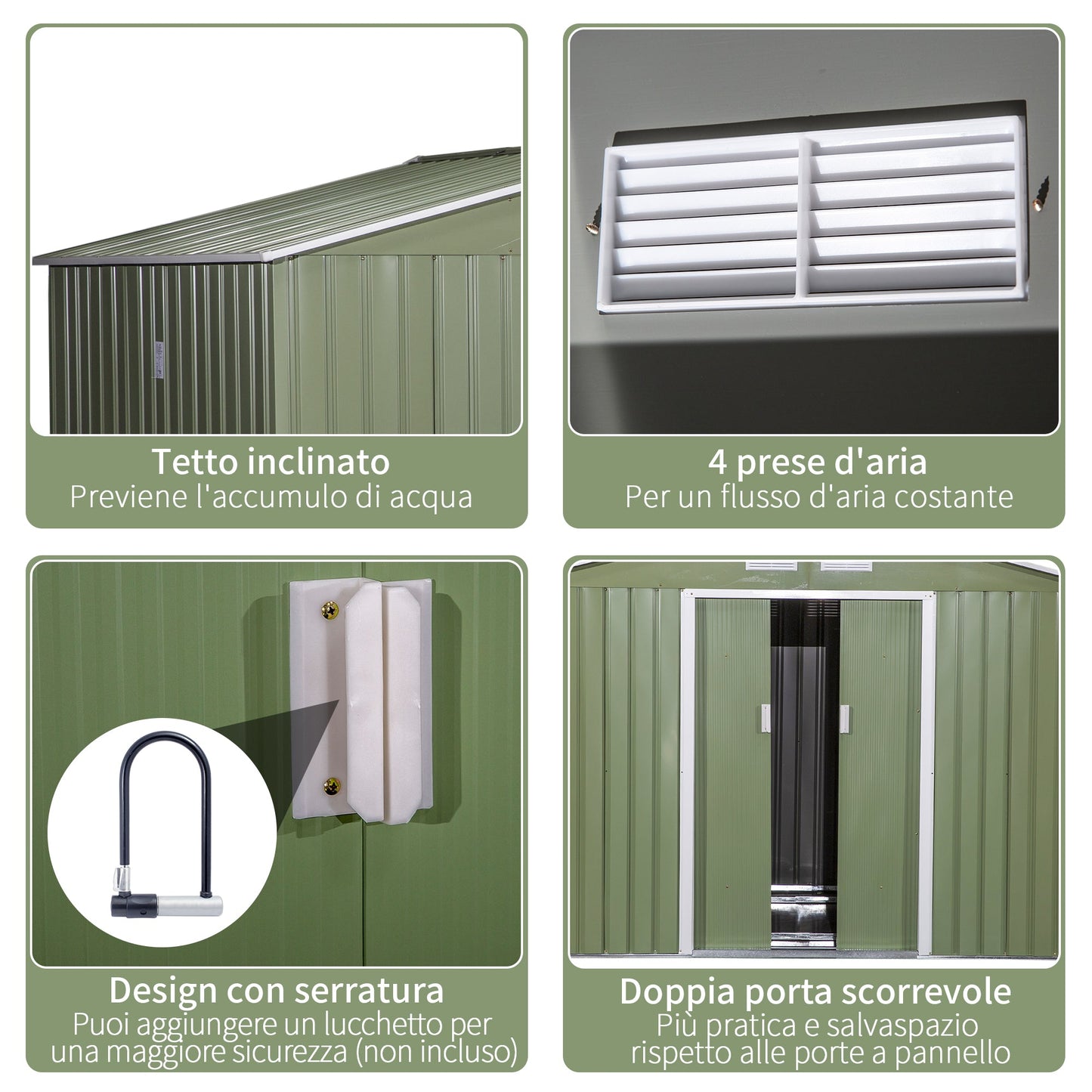 Garden Shed with 2 Sliding Doors and 4 Air Vents in Steel, 277x195x192cm, Light Green