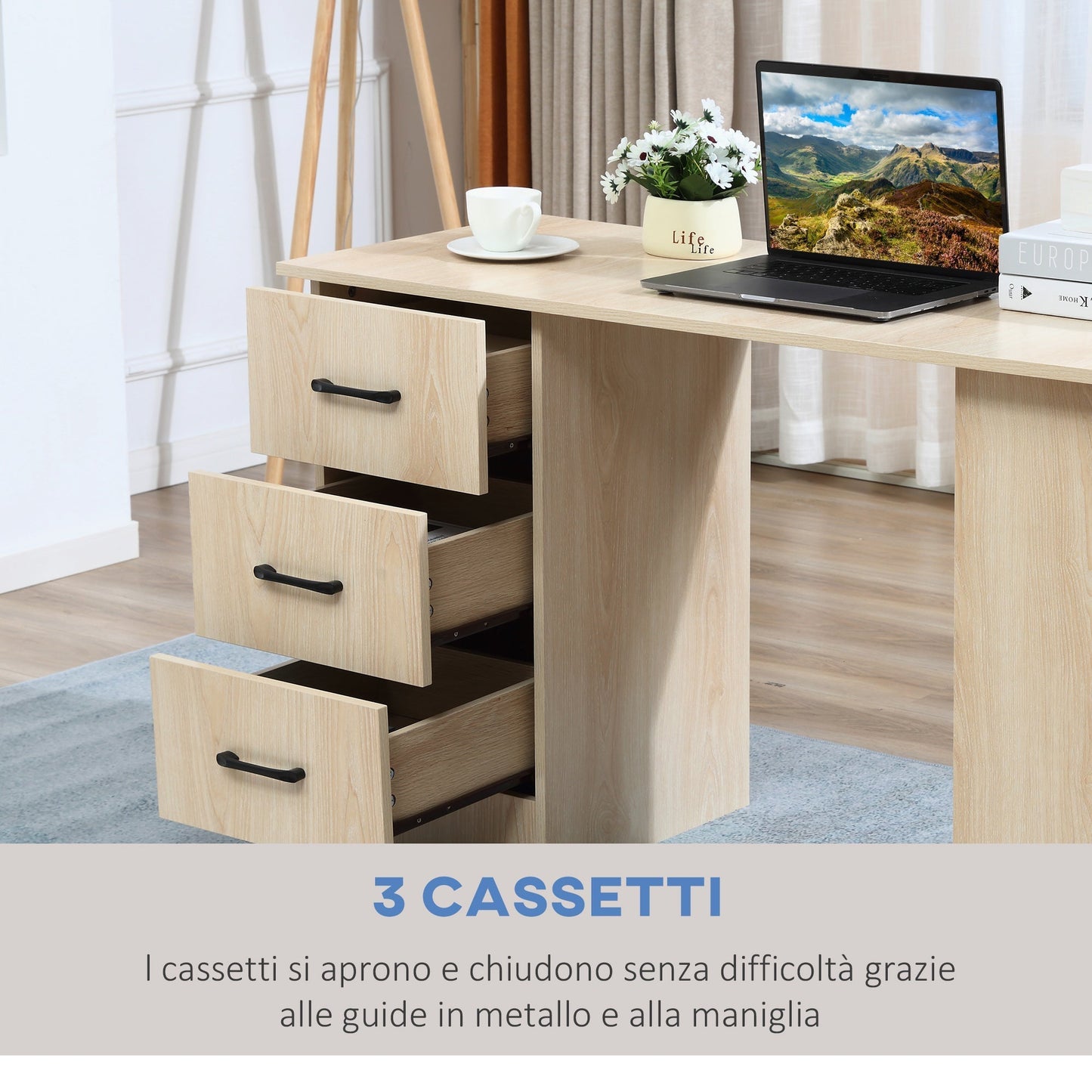 Modern PC Desk per room with 3 drawers and 3 wooden shelves for home and office 120x49x72cm