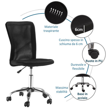 Ergonomic Office Chair Without Armrests, Breathable Mesh Fabric, Adjustable Height and 5 Wheels, 43x58x90-100cm, Black
