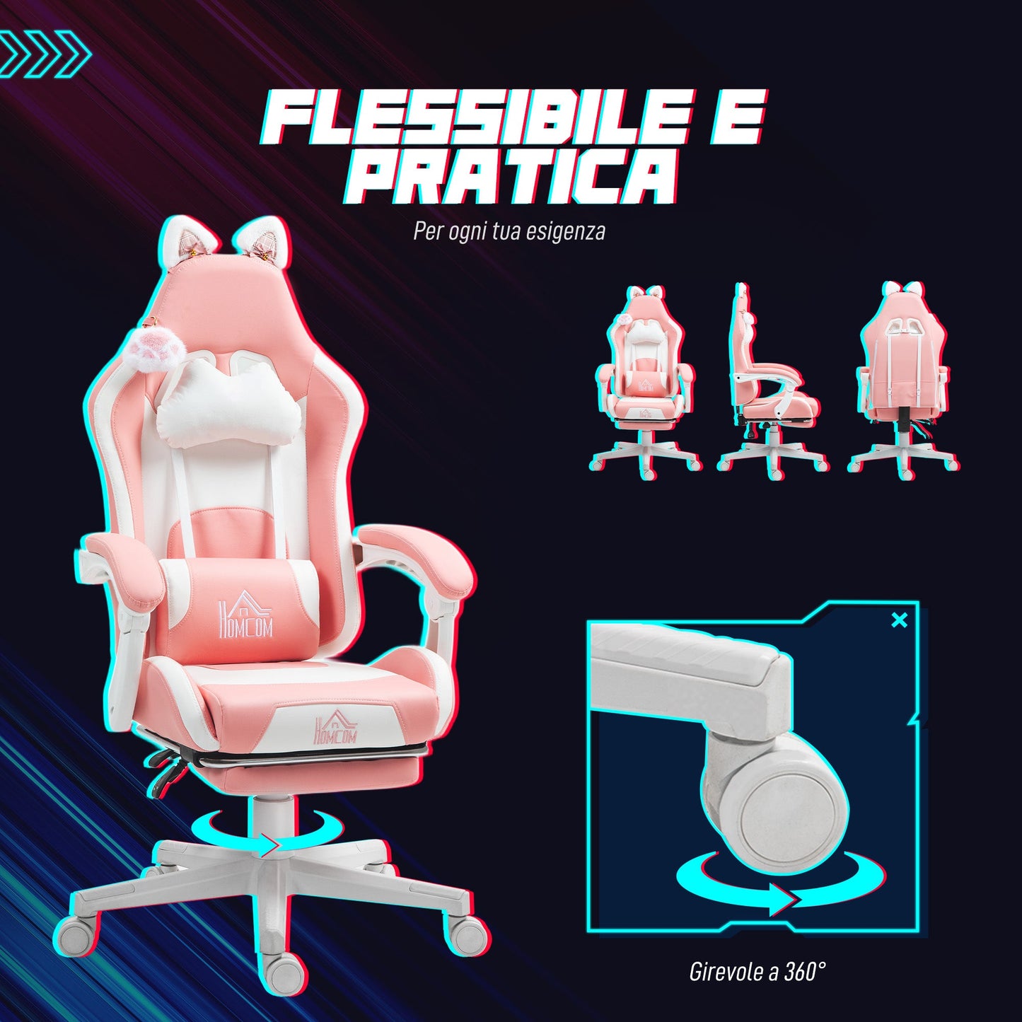 Ergonomic Cat Ear Gaming Chair with Footrest, Lumbar and Neck Support, Pink