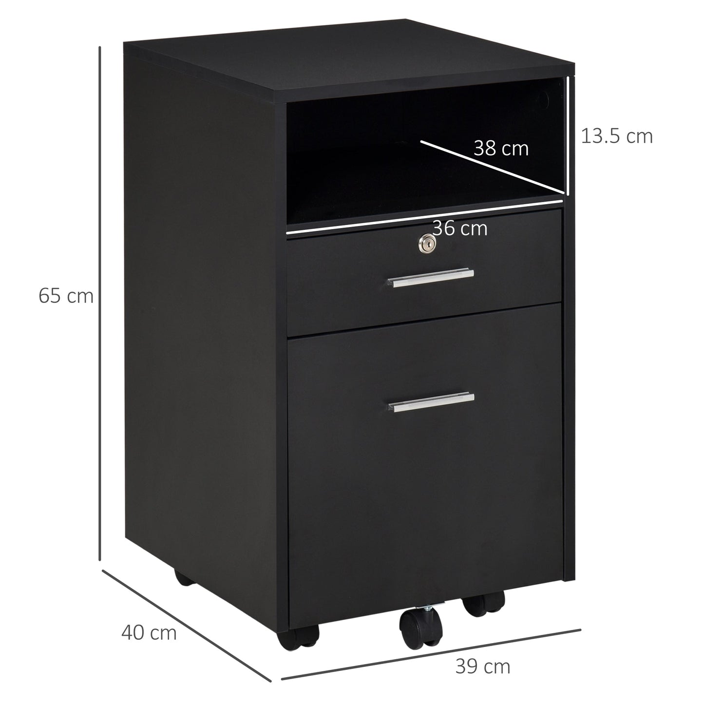 Wooden Office Drawer Cabinet with 2 Drawers and Open Shelf, 39x40x65 cm, Black