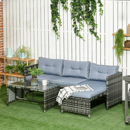 Garden Lounge Set with Sofa, Chaise Longue and Coffee Table in PE Rattan with Cushions, Grey