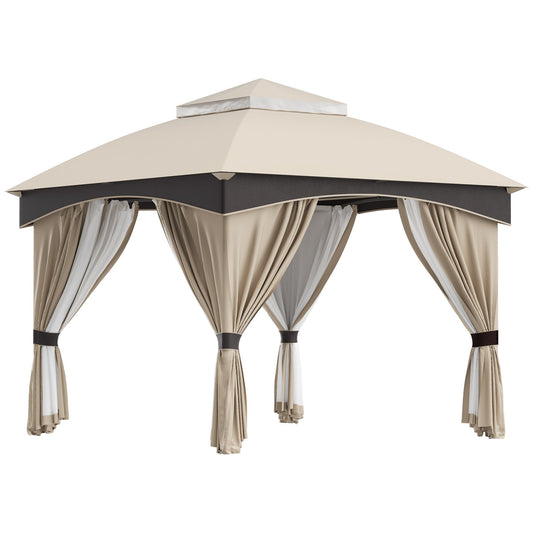 3x3m Steel Garden Gazebo with Double Roof and Curtains, Beige and Grey