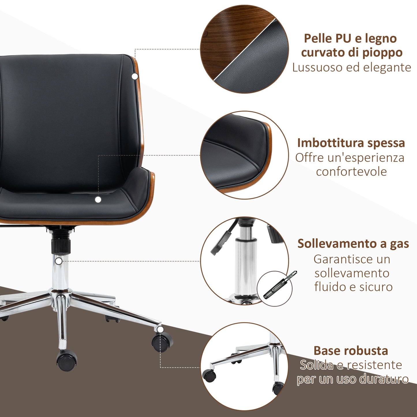Vintage Padded Office Chair, Faux Leather, Wood and Steel, 53x60x86-96 cm, Black and Dark Brown