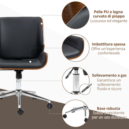 Vintage Padded Office Chair, Faux Leather, Wood and Steel, 53x60x86-96 cm, Black and Dark Brown