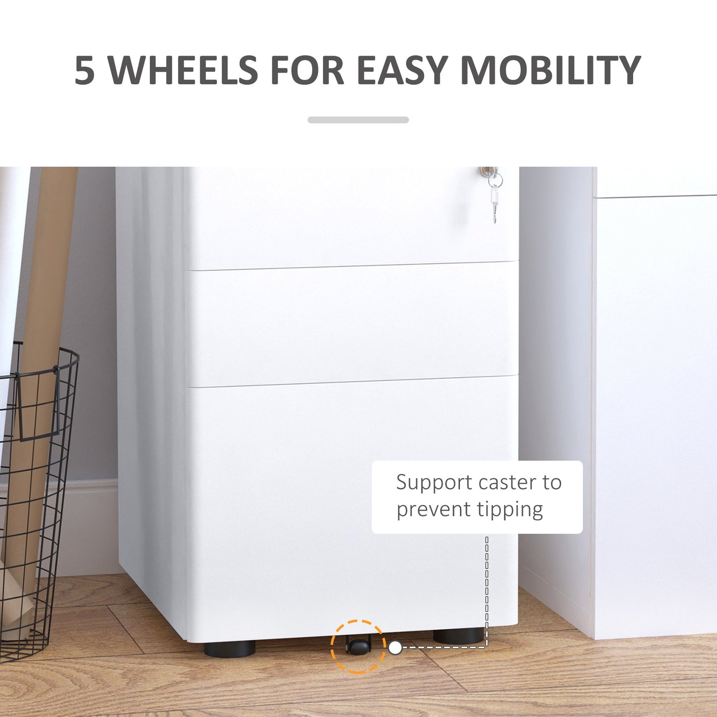 Office Chest 3 Steel Drawers with Lock and Wheels, 39x48x59cm, White