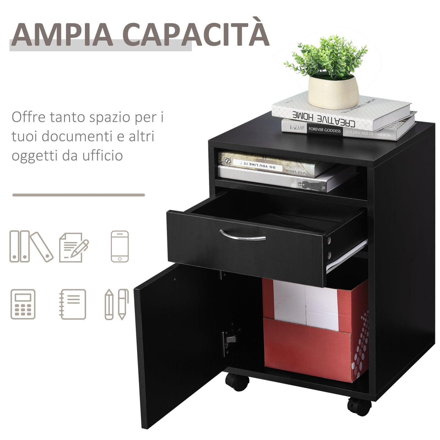 Office Filing Cabinet with Drawer, Lockable Storage Cabinet, Lockable Casters and Open Shelf, Office Drawer Unit for Letter/Legal/A4 Format, Vertical Storage Cabinet for Study, 40x35x60 cm, Black