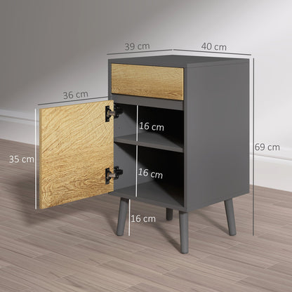 Modern Handleless Nightstand with Drawer and Cabinet, 40x39x69 cm, Dark Grey and Wood