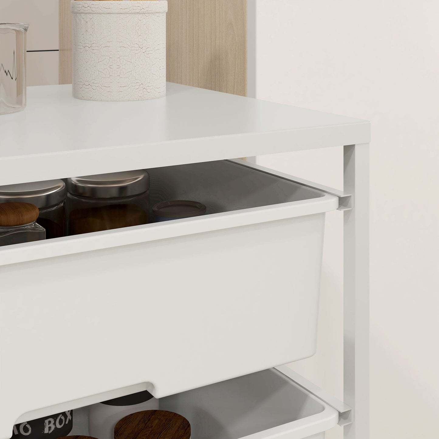 Multipurpose Trolley with 3 Removable Baskets and Wheels for Kitchen and Office in Steel and PP, White