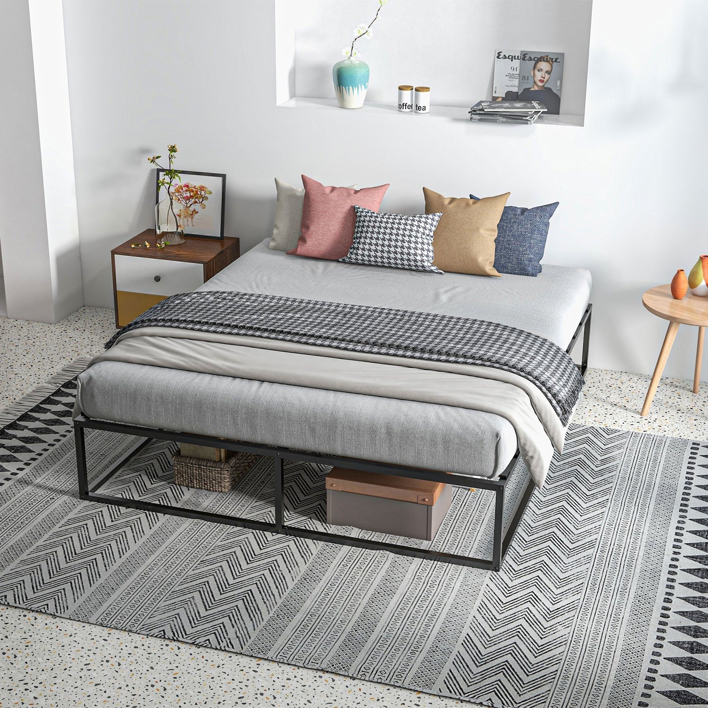 Bed Frame with Plywood Slats and Lower Container, 190x160x35cm, Black and Wood Color