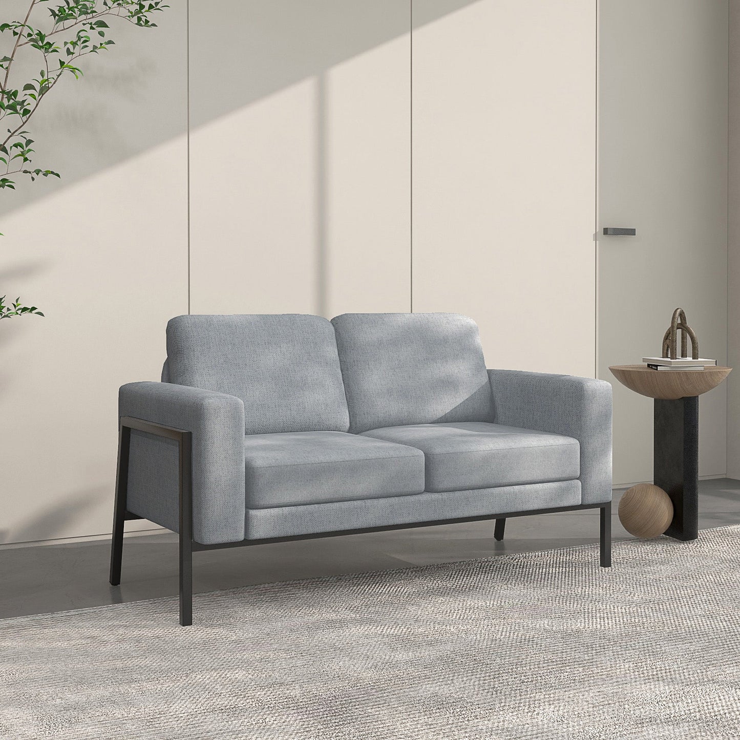 2 Seater Sofa in Linen Effect Fabric with Steel Legs and Padded Cushions, 138x70x83.5 cm, Grey