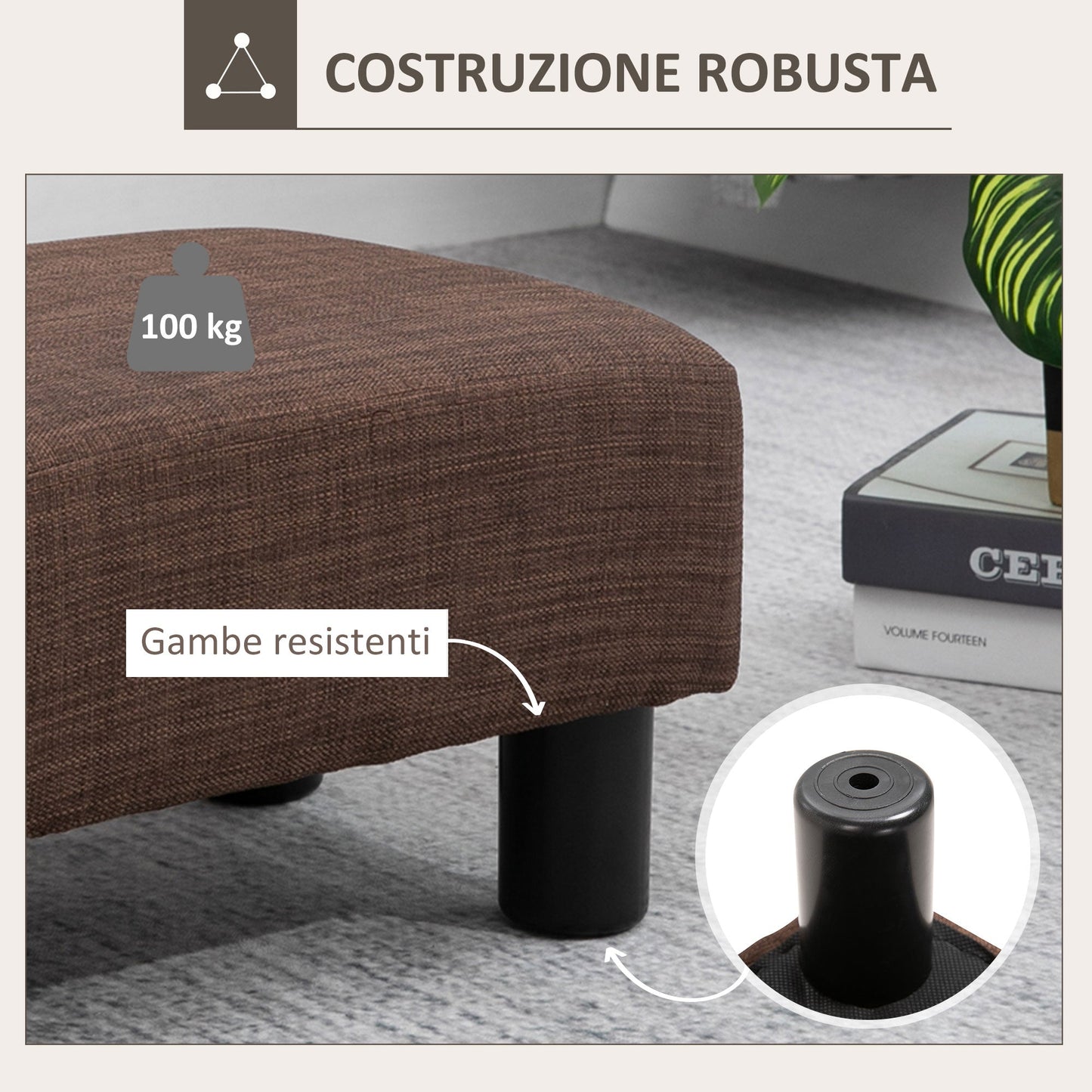 Pouf Footstool in Linen Effect Fabric Padded, 40x30x24cm, Dark Brown