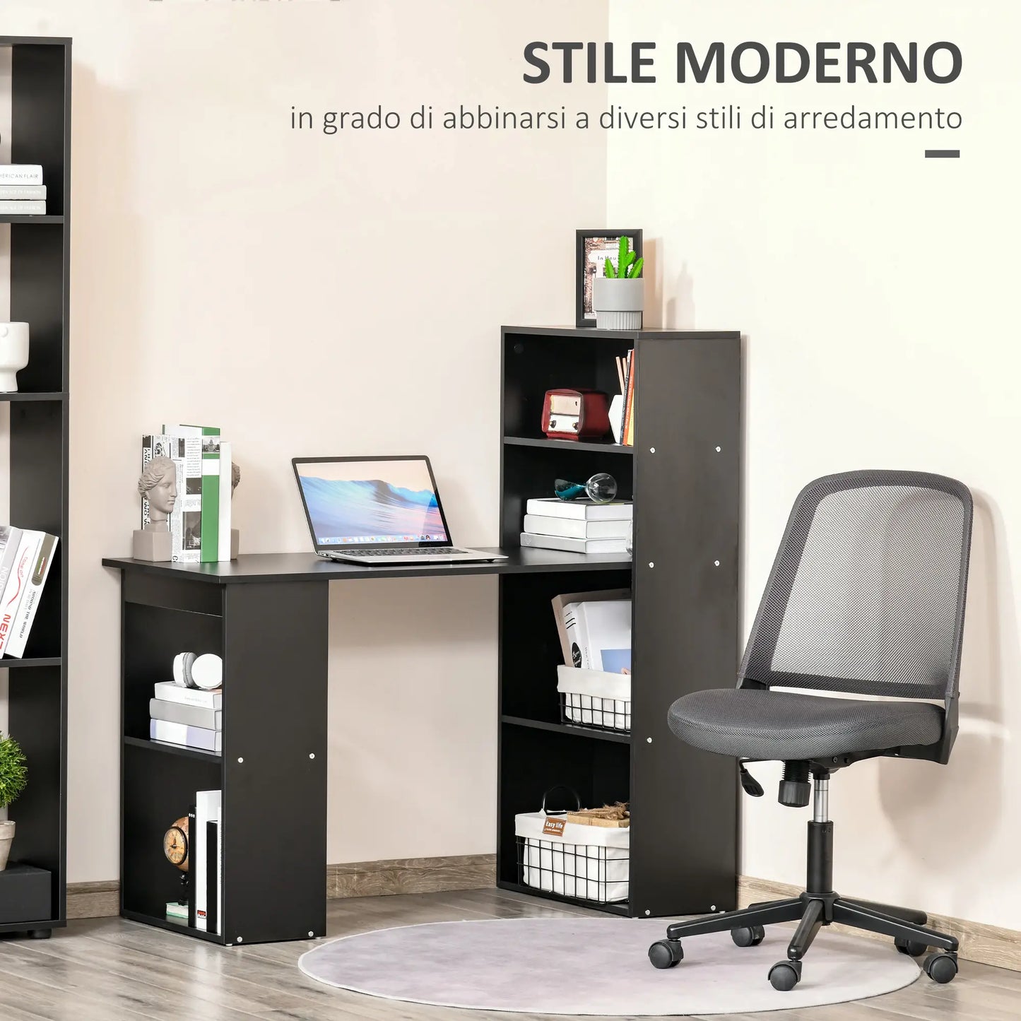 Wooden PC Desk with 6 Side Storage Shelves, 120x55x120 cm, Black