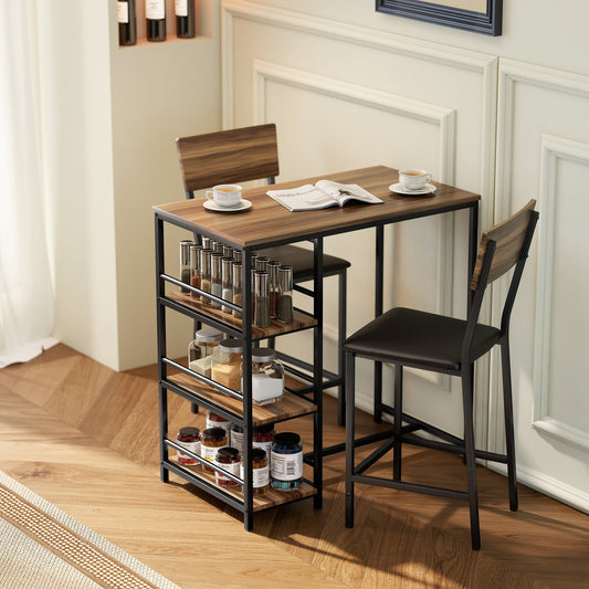 3-Tier Bar Table and 2 Stools with Footrest and Backrest, Wood and Steel, Black and Walnut