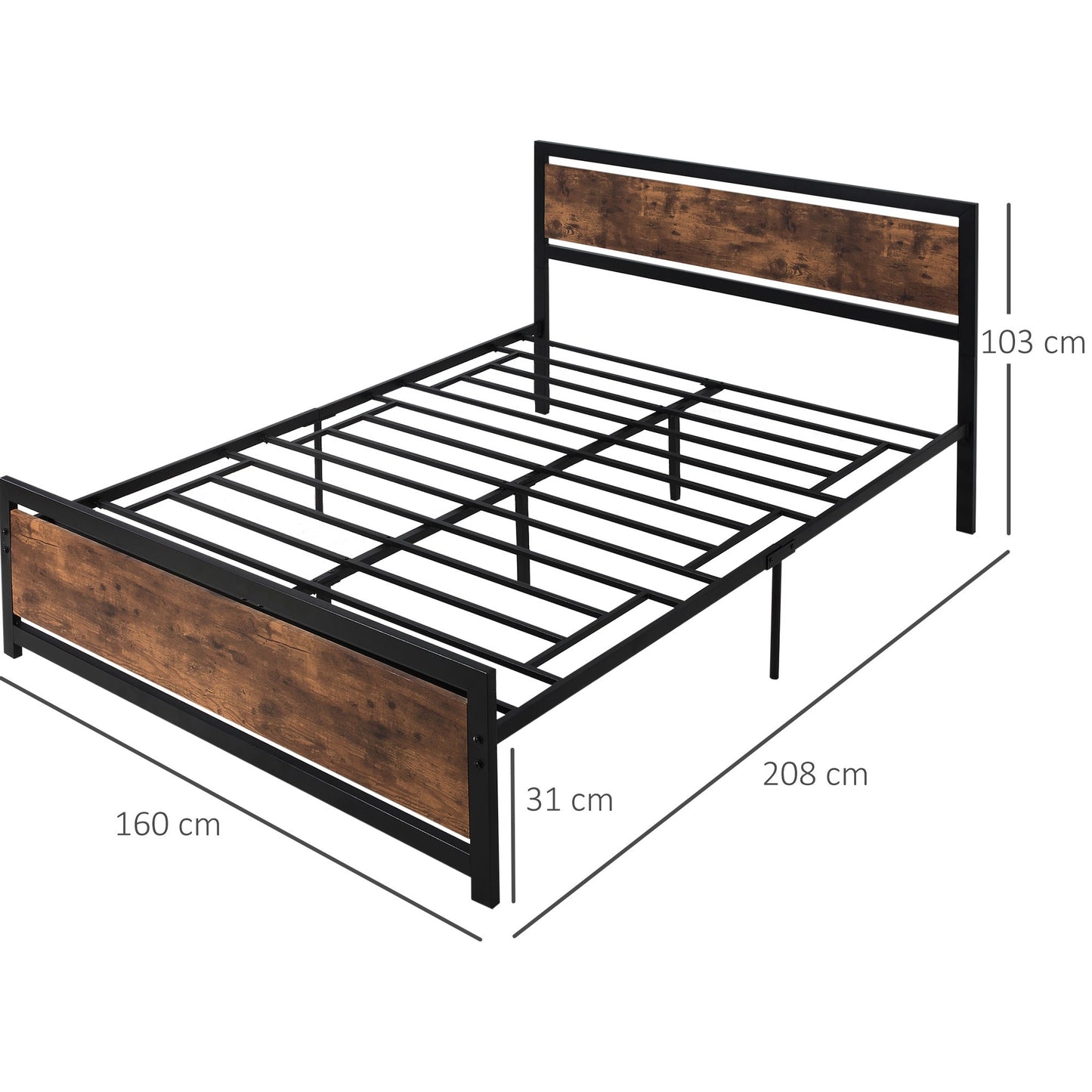 Industrial Style Wooden and Steel Double Bed Frame with Slats, 160x200cm